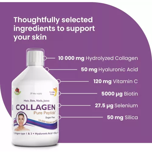 Swedish Nutra Collagen Pure Peptide 10 000 - Folyékony kollagén szarvasmarhából 10.000 mg - 3 db-os csomag, 3x500 ml, cukormentes