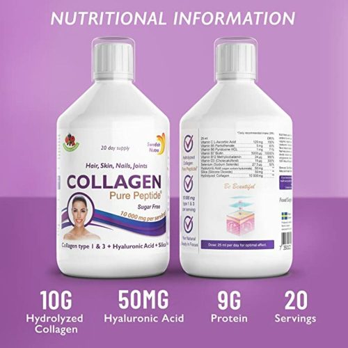 Swedish Nutra Collagen Pure Peptide 10 000 - Folyékony kollagén szarvasmarhából 10.000 mg - 3 db-os csomag, 3x500 ml, cukormentes