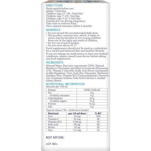 Blueiron folyékony vas étrend-kiegészítő északi áfonyával + C-vitamin, B12-vitamin, folsav, biotin és cink  250 ml  