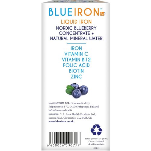 Blueiron folyékony vas étrend-kiegészítő északi áfonyával + C-vitamin, B12-vitamin, folsav, biotin és cink  250 ml  